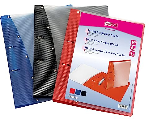 VELOFLEX - Ordner DIN A4, Diamond Ringordner, Rot, Schwarz, Blau, 3 Stück