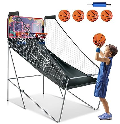 COSTWAY 8 in 1 Basketballautomat, elektrischer Baskeltballständer klappbar, Schießmaschine mit 4 Bällen, Luftpumpe & 8 Spielmodi, Arcade Basketballspiele Kinder für 2 Spieler (Lila)