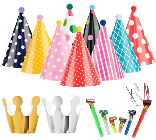 Geburtstag Kegel Party Hüte GWAWG 17 Stück Partyhüte Geburtstag, Party Hüte zum Geburtstag mit Pompons, Geburtstagshut Lufttröte Pfeife Partyhütchen Geburtstag Kegel Hüte für Kinder Geburtstagsfeier