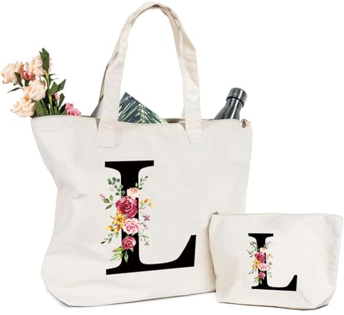 Sac Fourre-Tout en Toile avec Initiale Fleur, Sac Tote bag en Toile Trousse de Maquillage Personnalisés Idéal pour Mariage Anniversaire Plage Vacances, Cadeau Parfait pour Femmes Amis Maman Sœurs (L)