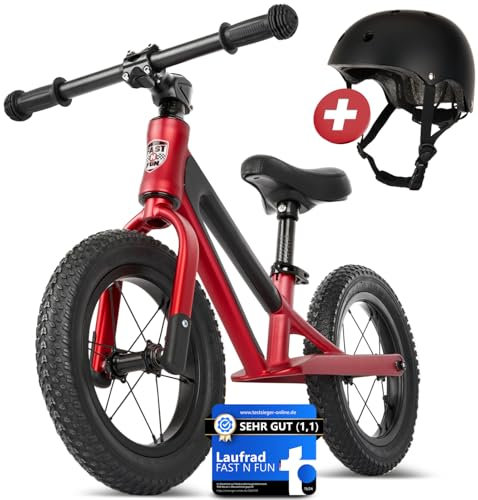 FAST N FUN Laufrad ab 2 Jahre mit Kinderhelm im Set | Ultraleicht mit Tragegriff, Magnesiumrahmen, 12 Zoll Räder, Fußstütze und Ergonomischer höhenverstellbarer Sitz | Balance Bike (Rot-im Set)