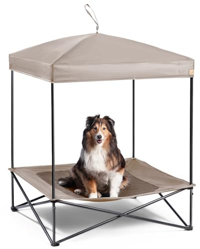 CANINE CANYON Piper Pop-Up Canopy Cot - Large Foldable Elevated Dog Bed with Waterproof Shade, Cooling Mesh, Heavy Duty up to 110 lbs, Perfect for Camping and Home, Tan, 35x 35