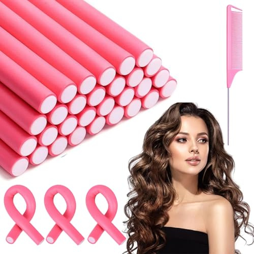 Bigodini senza calore, 30 pezzi di ferro arricciacapelli flessibile da 240 mm con diametro di 14 mm, bigodini in schiuma Twist Curls, design per capelli lunghi (rosa)
