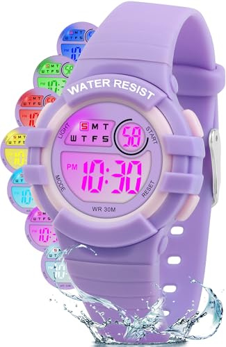 Ayybboo Orologio Digitale Bambino,7 LED Colorati,3ATM Impermeabile,Sveglia/Cronometro/Data,Orologio Sportivo da Polso per Ragazzi e Ragazze,Regalo Bambini 4-15 Anni