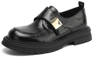 Femmes Fermés Bout Rond Mocassins À Plateforme À Enfiler Mocassins Plats Cuir Verni Décontractés De Robe,Noir,38.5 EU