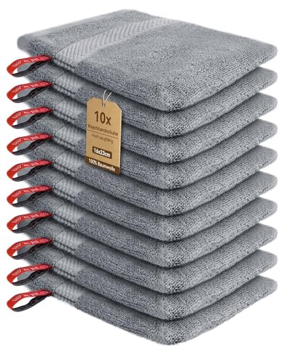 Novent Waschhandschuh Set 10 Stück, 100% Baumwolle Frottee, 16x23 cm, Saugstark Weich, Waschbar 60°C, Trocknergeeignet, Badezubehör, Waschlappen für Körper Gesicht (Grau)