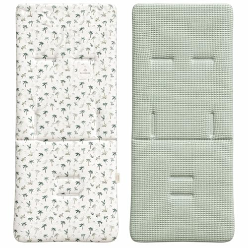 Danielstore Colchoneta Silla Paseo Universal | 80x39cm, 100% algodón | Reversible, transpirable, adaptable, fácil de colocar | Comodidad y protección para bebé (Palmeras)