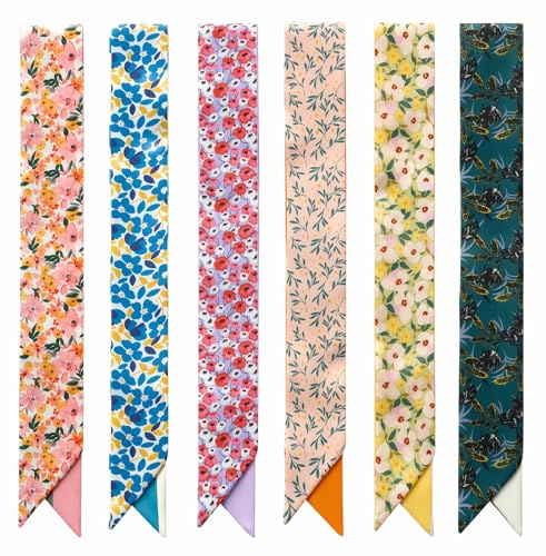 Higijapuf 6 Pièces Foulards Pour Femme, Foulards Satinés Étroits Avec Motif Floral, Bandeau Cheveux Ruban Pour Sac Écharpe De Cou Effet Soie Pour Quotidien Voyage Bureau Cadeau Pour Femme
