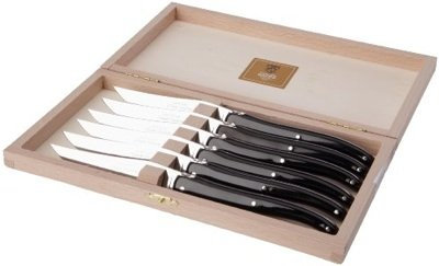 Claude Dozorme Cdozorme 3223 Coffret 6 Couteaux Steak Laguiole, 22 cm, INOX à Dents, Manche Noir. Non garantis Lave-Vaisselle.