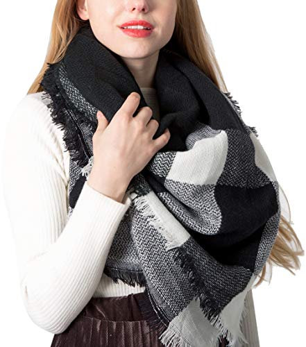 Lantch Damen Schal Kariert übergroßer Quadratisch Deckenschal Herbstschal Winterschal Karo Tartan Streifen Plaid Muster XXL Oversized Fransen Poncho, Schwarz, 140 * 140cm