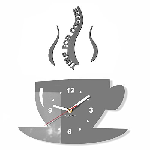 FLEXISTYLE Tasse Time for Coffee (Zeit für Kaffee) Moderne Küche Wanduhr grau, 3D römisch, wanduhr deko, 32 x 19cm