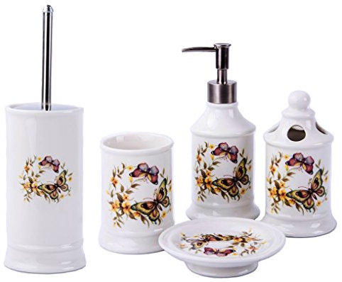 GMMH Accessori da Bagno in Stile Rustico Vintage, con Farfalle e Dispenser per Sapone e WC in Ceramica, 5 Pezzi, Lilla, 5 er Set