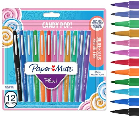 Paper Mate Flair Felt Tip Pens | Medium Point (0.7 mm) Marker Pens | Assorted Candy Pop Colouring Pens | For Kids & Adult Colouring, Journalling & More | 12 Count