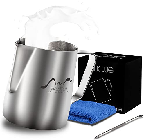 Wolltoll milchkännchen Barista Milchkännchen aus Edelstahl, 350 ml, für Milch, Kaffee, Latte Art, Aufschäumen, Barista, Milchkännchen, Maße auf beiden Seiten, Innen-Dekorierstift und Mikrofasertuch