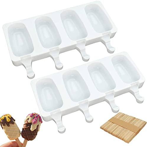 Moldes Helados, [2 Unidades] 4 Cavidades Con 50 Palos Madera, Molde Helado Silicona sin BPA, Moldes Paletas, Molde Barra Helado, Moldes Paletas Chocolate, Molde Helados Magnum