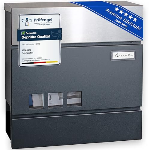 AMAAZU Briefkasten anthrazit - Edelstahl, mit Sichtfenster und Namensschild, Postkasten mit Zeitungsfach, Schloss mit 2 Schlüsseln, Briefkästen mit Zeitungsrolle, Wandbriefkasten RAL7016 grau