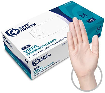Safe Health Guantes Desechables de examen de Vinilo Transparente Talla M, 100 unidades, Sin polvo Sin látex, Certificado CE, Limpieza Atención médica Alimentación, 3 Mil