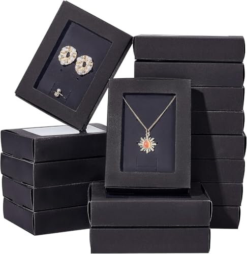 FINGERINSPIRE 16 teilige Schubladenbox aus Kraftpapier mit durchsichtigem Fenster 11,5x8,5x2,5cm schwarzer Karton Schmuck Halskette Ringboxen Schmuck-Geschenkboxen rechteckige Geschenkbox