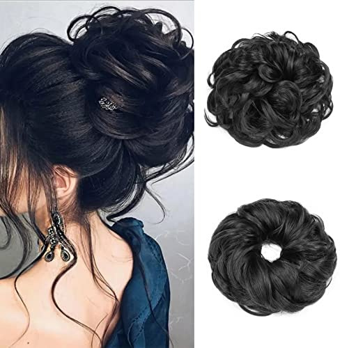 Cybelleza Moño Postizo Rizado Coletero Peinado Extensiones de Pelo Sintético 38g Postizos de Pelo Rizado con Goma Grueso Mujer Cola de Cabello Ondulado Desordenad (Negro)