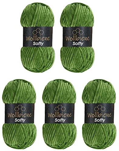 Wollbiene Softy, 5 gomitoli di lana di ciniglia da 100 g, per lavorare a maglia, lana per bambini, 500 g di ciniglia Super Bulky crochet yarn (verde rana 34)