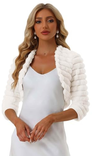 Allegra K Women's Bolero Jacket for Evening Dresses Wedding Open Front Cropped Fluffy Faux Fur Shrug Medium White