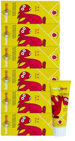 Betadent KIT 6 DENTIFRICIO KIDS per bambini 3-6 anni. Gusto Lampone. Azione anti placca e anti carie. Equilibrato dosaggio di Sali di Fluoro alla concentrazione di 430 ppm F. 6x75ml