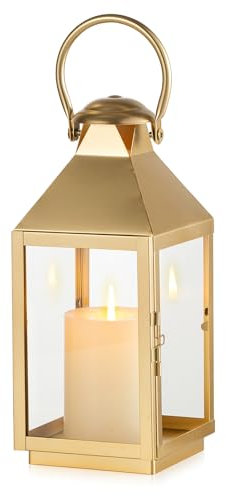 NUPTIO Lanternes D'intérieur Dorées 28.5cm Lanterne de Jardin en Métal avec Verre pour Bougie Pilier - Décor de Cheminée pour Noël Maison Salon Manteau Porche Table de Mariage