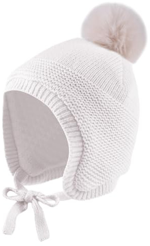 XIAOHAWANG Caliente Earflap bebé Beanie Chica Niño Invierno Beanie Muy Pequeño Lindo Pom Pom Sombrero con Vellón (6-24 Meses, Blanco Beanie)