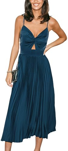 CUPSHE Midi Dress for Women 2025 Party Spaghetti Straps Sleeveless Pleated Cutout Formal Dress Navy Blue, M