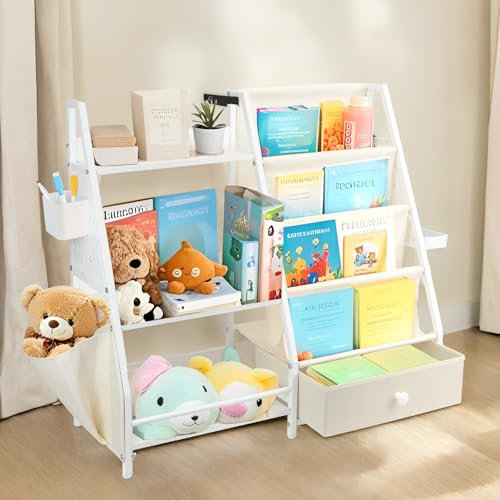 IEMIEBSHA 3 Tier Kids Bookshelf and Toy Storage Shelves, Montessori Baby Toddler Bookshelf, Wooden Children Bookcase with Drawers Pockets Hole Boards, Nursery Book Shelf for Kids Room Bedroom Playroom