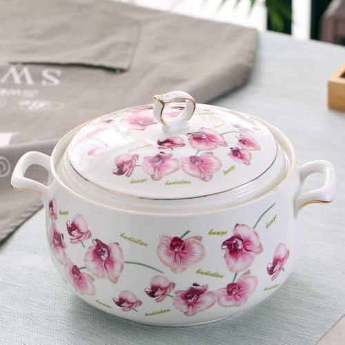 Keramisk Soppterrin Med Lock, 3l Serveringsterrin Med Stor Kapacitet Med Dubbla Handtag För Kök, Porslin, Azalea Med Guldkant, Mikrovågsugn Och Diskmaskin, Type4
