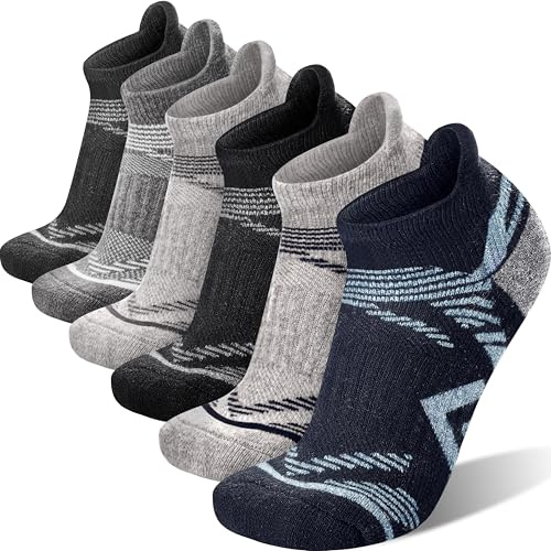 ANTSANG Merino Wool Ankle Hiking Socks Compression Warm Thermal Thick Cushion Winter Running No Show Moisture Wicking Socks Gifts Stocking Stuffers for Women Men 6 Pairs(Gray/Blue,L)