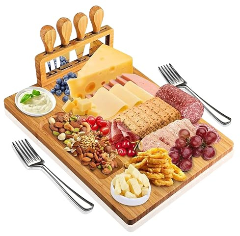 Everrise Bamboo Cheese Board Gift Set, Charcuterie Serving Tray with Cutlery & Utensils, Perfect for Entertaining, Wine Nights, Birthdays & Holidays