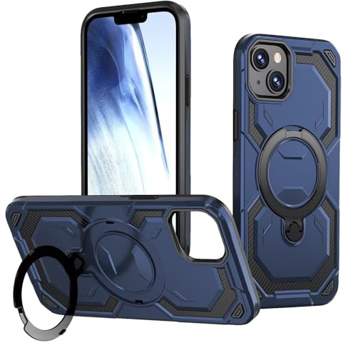 PONRFEKT Fodral för iPhone 13/14 Stöttåligt Armor Skal med 360°Magnetisk Ringhållare,för iPhone 13/14 kompatibelt med MagSafe,militärskydd robust fodral-Mörkblå