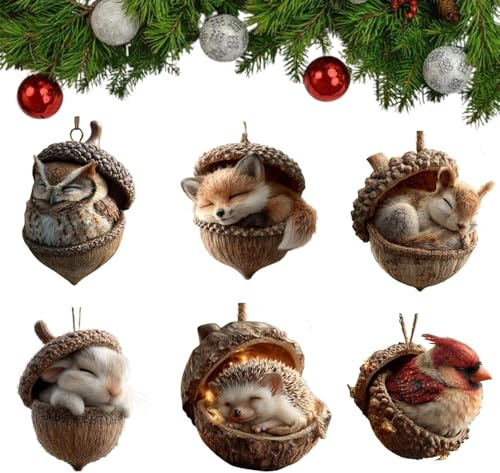 6-Piece Forest Animal Acorn Ornament Set 2D Flat Acrylic Hanging Forest Pine Cone Style Ornaments, Exquisite Little Items for Christmas Home Decor and Holiday Season Atmosphere