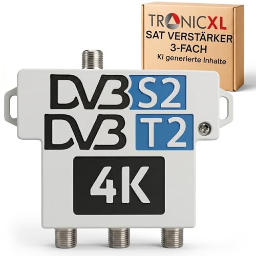 TronicXL Amplificatore di segnale da 60 dB con splitter satellitare a 3 vie, distributore per antenna satellitare DVB-S2/DVB-T2, amplificatore morbido per TV 4K 8K UHD