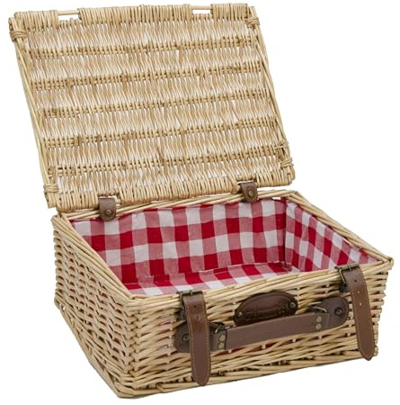 Les Jardins de la Comtesse - Valisette en Osier Naturel - Tissu à Carreaux Rouges et Blancs - Accessoire pour Le Pique-Nique - 39 x 29 x 15 cm