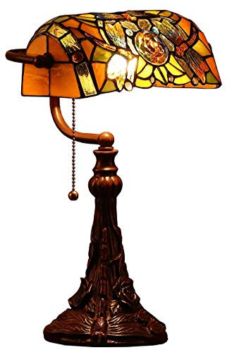 Bieye L30308 Libelle Tiffany-Stil Glasmalerei Banker Tischlampe mit 25 cm breiten Lampenschirm zum Lesen und Arbeiten, 44 cm groß