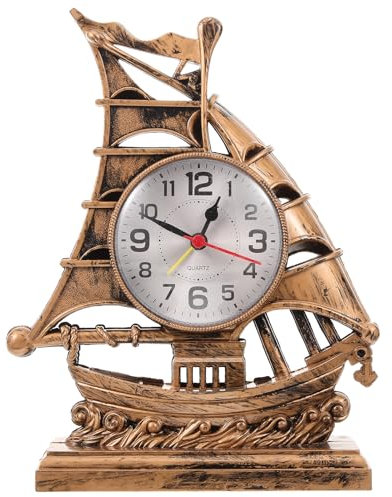 BESPORTBLE Nautische Tischuhr Segelboot Skulptur Wecker Retro Segelboot Tisch Schreibtischuhr Neuheit Uhr Desktop-Schmuck für Kinder Geburtstag Neujahr Keine Batterie Golden