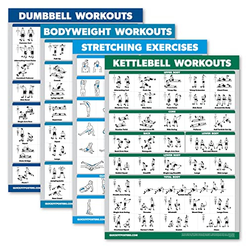 Palace Learning 4-pack – Hantelträning + kroppsviktsträning + stretchövningar + kettlebell – set med 4 träningsdiagram (45 cm x 61 cm, LAMINERAD)