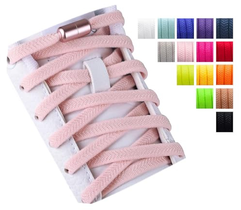 Olukssck 2 Paires Élastiques Lacets Plats avec Fermeture en Métal, Élastiques sans Nœuds Cravate pour Enfants et Adultes, Lacets de Sport pour Toutes Les Chaussures, Rose Clair