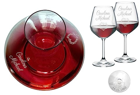 MASTERLASER3.0 Set 6 Bicchieri Vino e Decanter Personalizzati - Calici Vino Rosso e Caraffa Incisi - Personalizzabili con nomi, iniziali e data. Migliore idea regalo (Set Decanter + 6 calici Rosso)