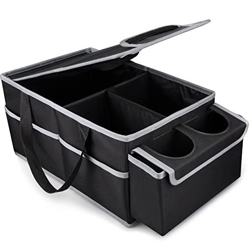 GUWINA Car Backseat Organiser, Multi Compartment Foldable Seat Organiser for Car Boot Front and Back Seats, with Lids and Straps Best for Clothes, Toys, Office Products (Black)