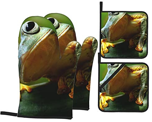 Hitzebeständige Ofenhandschuhe und Topflappen, 4 Stück, mit grünem Frosch-Druck, rutschfest, wasserdicht, für Küche, Backen, Kochen, Grillen