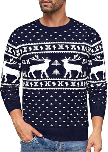 Uniexcosm Maglioni Natale Uomo, Maglione Natalizio Uomo Invernale Maglione di Natale Lungo Pullover Maglieria Maglie Natalizie Modello Fiocco di Neve e Alce Sweater (blu navy) L