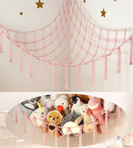 Stuffed Animal Storage Hammock Corner Net - Pink Room Christmas Decor for Teen Girls - Toys Storage Hanging Stuff Animal Organizer Holder Cute Stuff - Boho Nursery Dorm Bedoom Decor Aesthetic