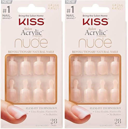 KISS Salon Acrylic French Nude Collection, Breathtaking, Real Short Length Nude Fake Nails, Includes 28 False Nails, Nail Glue, Nail File, and Manicure Stick (Pack of 2)