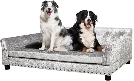 BingoPaw Mordern Canapé de luxe pour chiens de grande taille XXL : canapé surélevé en velours pour animaux de compagnie avec coussin et dossier doux, gris, 120 x 74 x 40 cm