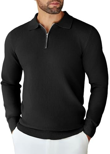 COOFANDY Herren Pullover mit Polokragen Half Zip Strickpullover Männer Pulli Basic Sweater Reißverschluss Poloshirt Schwarz XXL