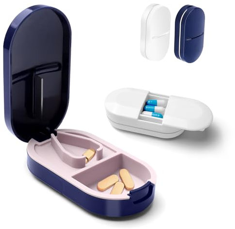 2 Pcs Pill Cutter Travel, Portable Pill Splitter, 2-in-1 Small Tablet Crusher, Pill Cutting Box with Blade Storage Compartment, Medicine Cutter Storage for Vitamins, Tablets (Blue,White)